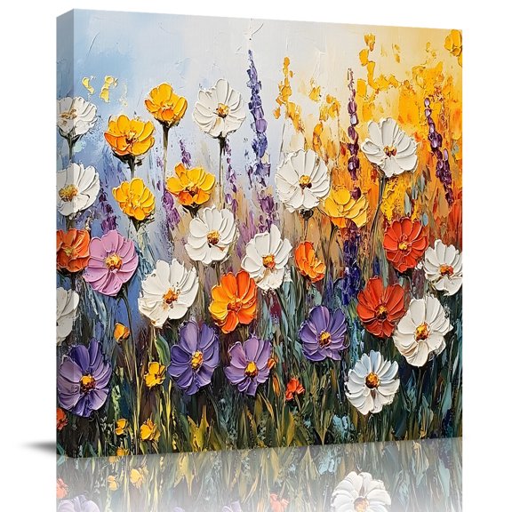 Colorful Floral Oil Painting Art Canvas Artwork Painting Art, Abstract Impressionist Style Square Framed Wall Decorations Prints Picture for Bedroom Kitchen Living Room, 8x8 in