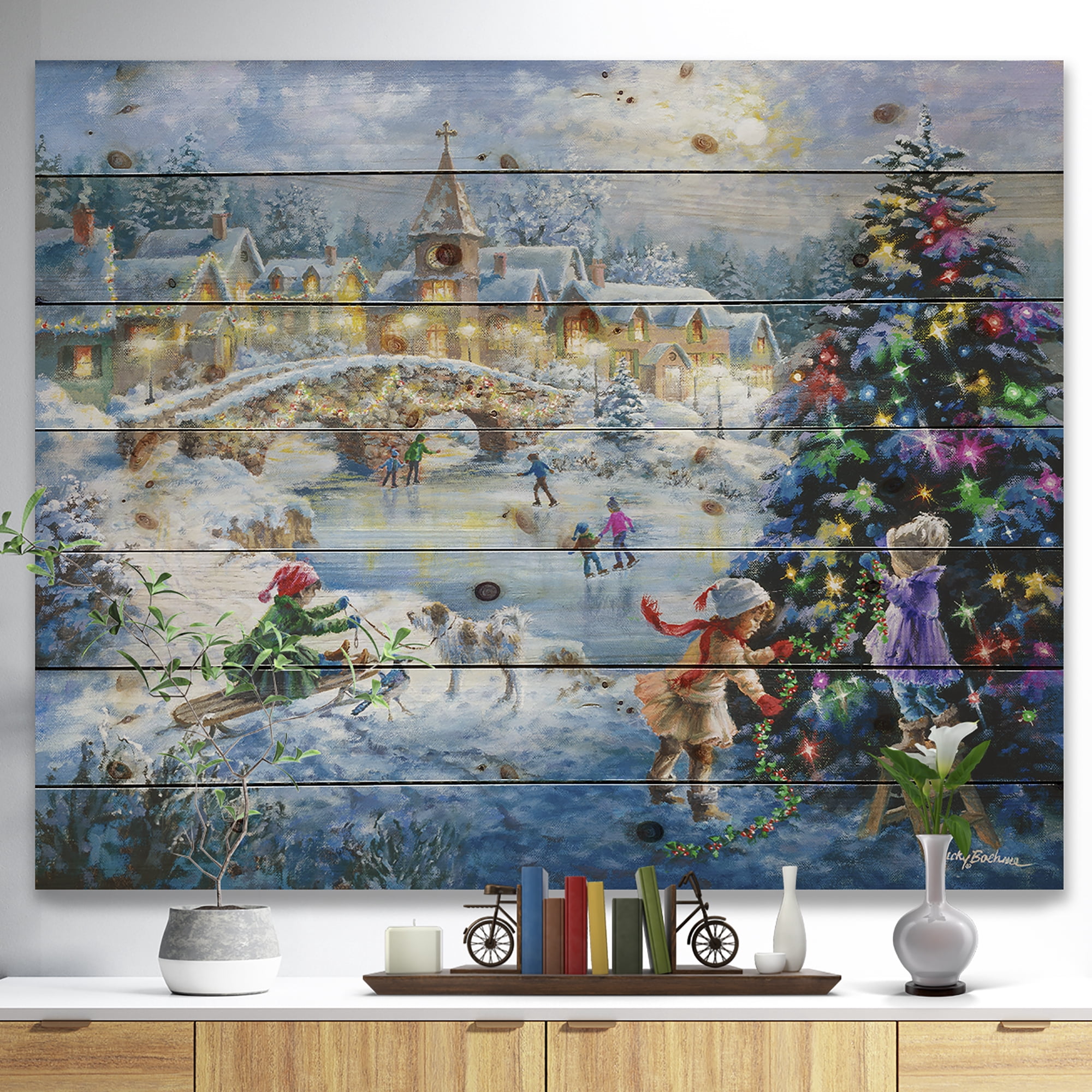 Designart 'Christmas tree decorating sledding children ' Print on Natural Pine Wood