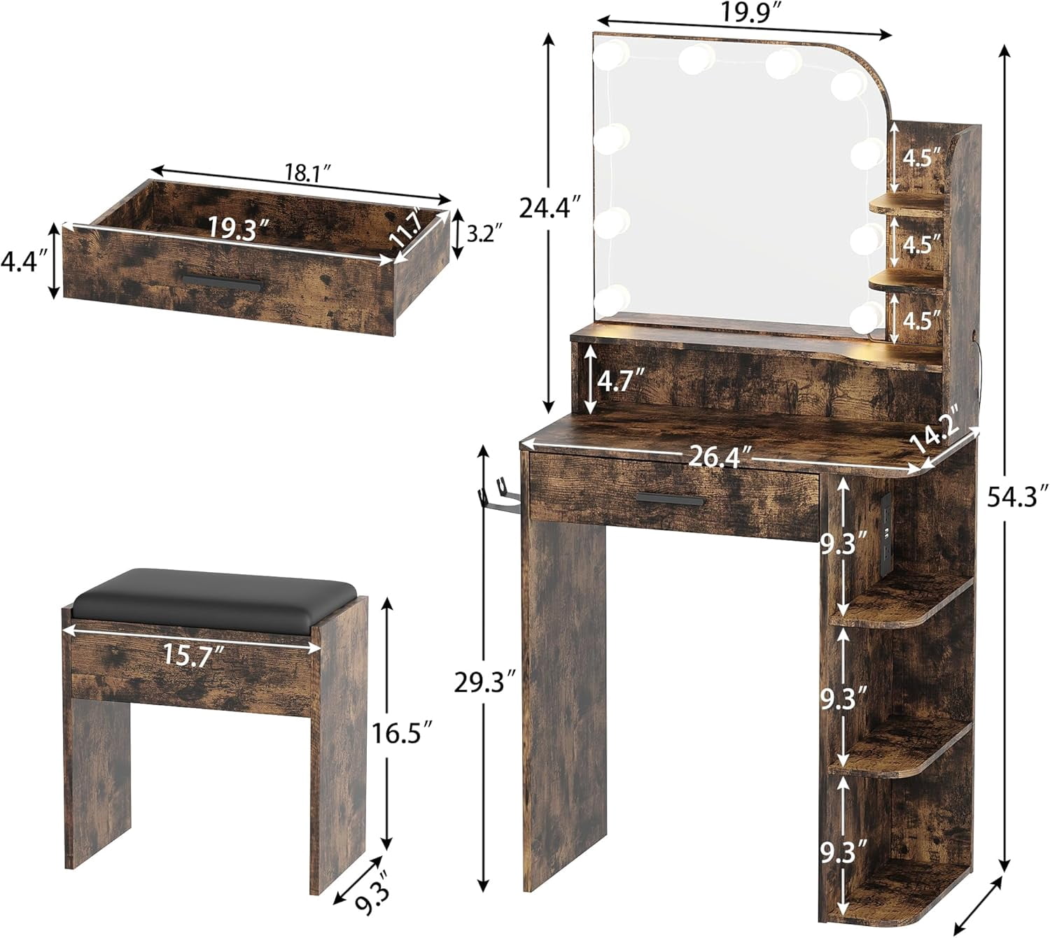 Akaber Vanity Set with Mirror and Lights, Small Makeup Vanity Desk with Stool, Charging Station, Vanity for Small Spaces