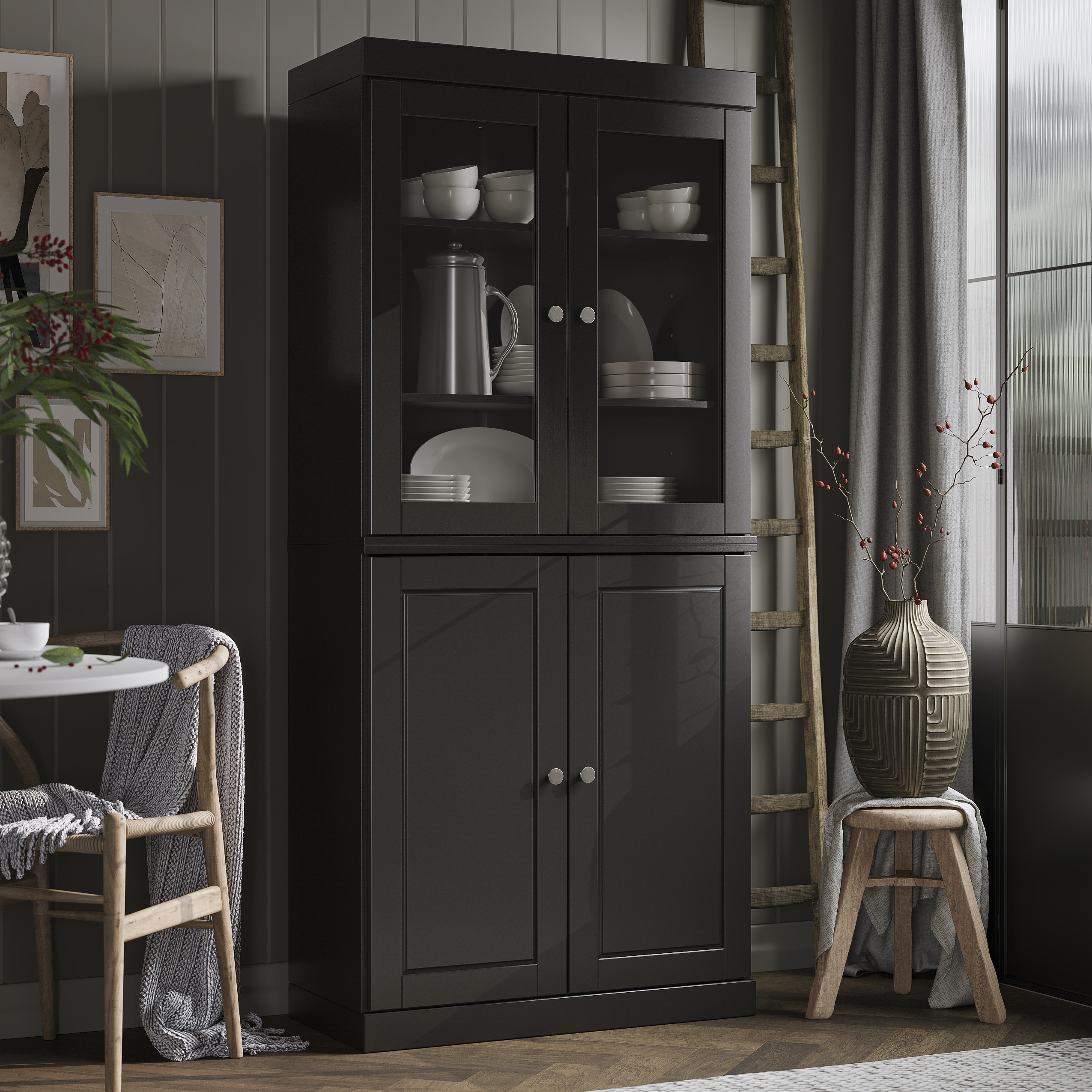Palace Imports 100% Solid Wood Kitchen Pantry Storage Cabinet with Glass & Raised Panel Doors and Adjustable Shelves, 4-Door, Black