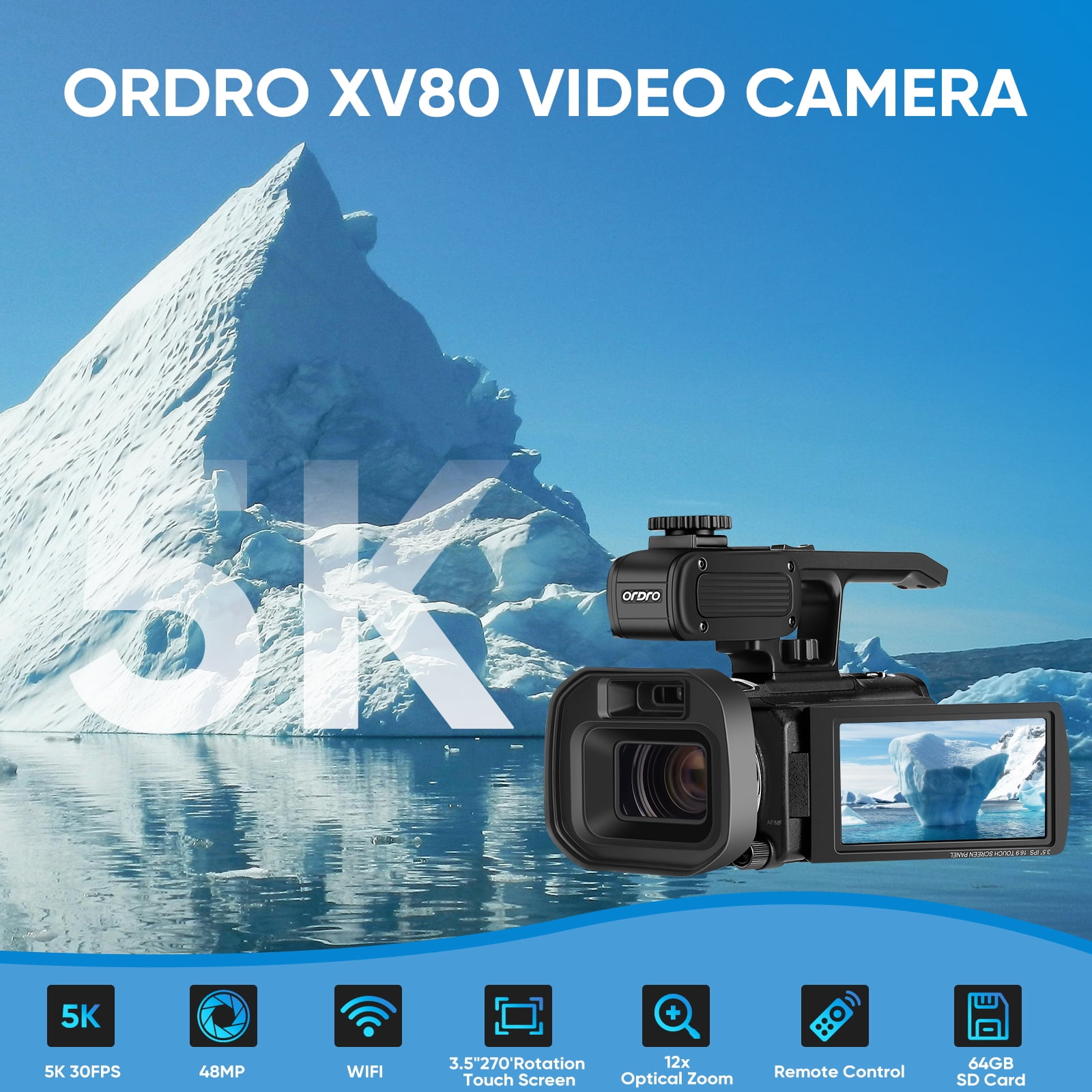 ORDRO Video Camera 5K 30FPS Camcorder 48MP Photo Vlogging Camera 12X Optical Zoom 3.5''Screen for Photography Youtube