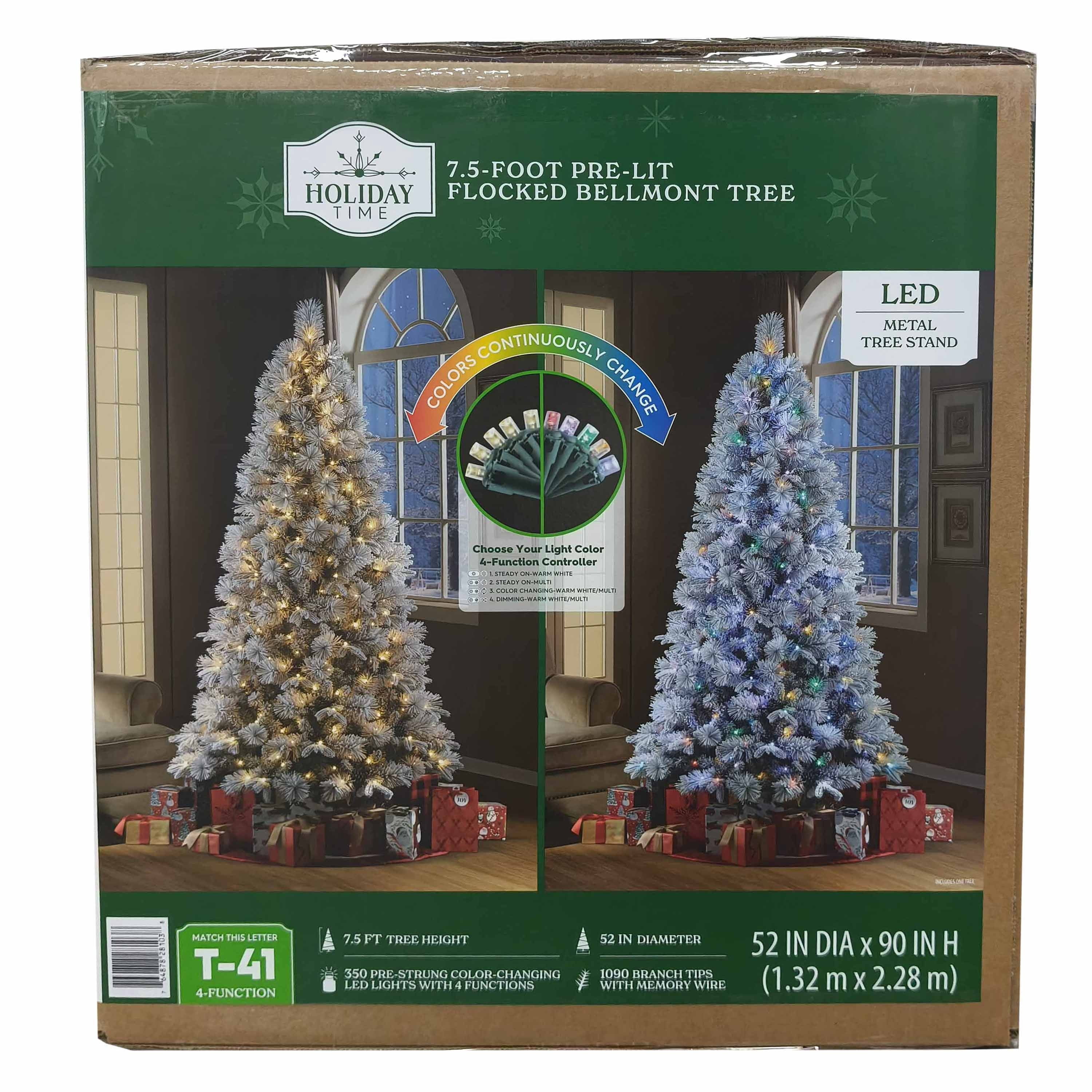 7.5' Pre-Lit Snow-Flocked Bellmont Green Artificial Christmas Tree with Color-Changing LED Lights and Stand, by Holiday Time