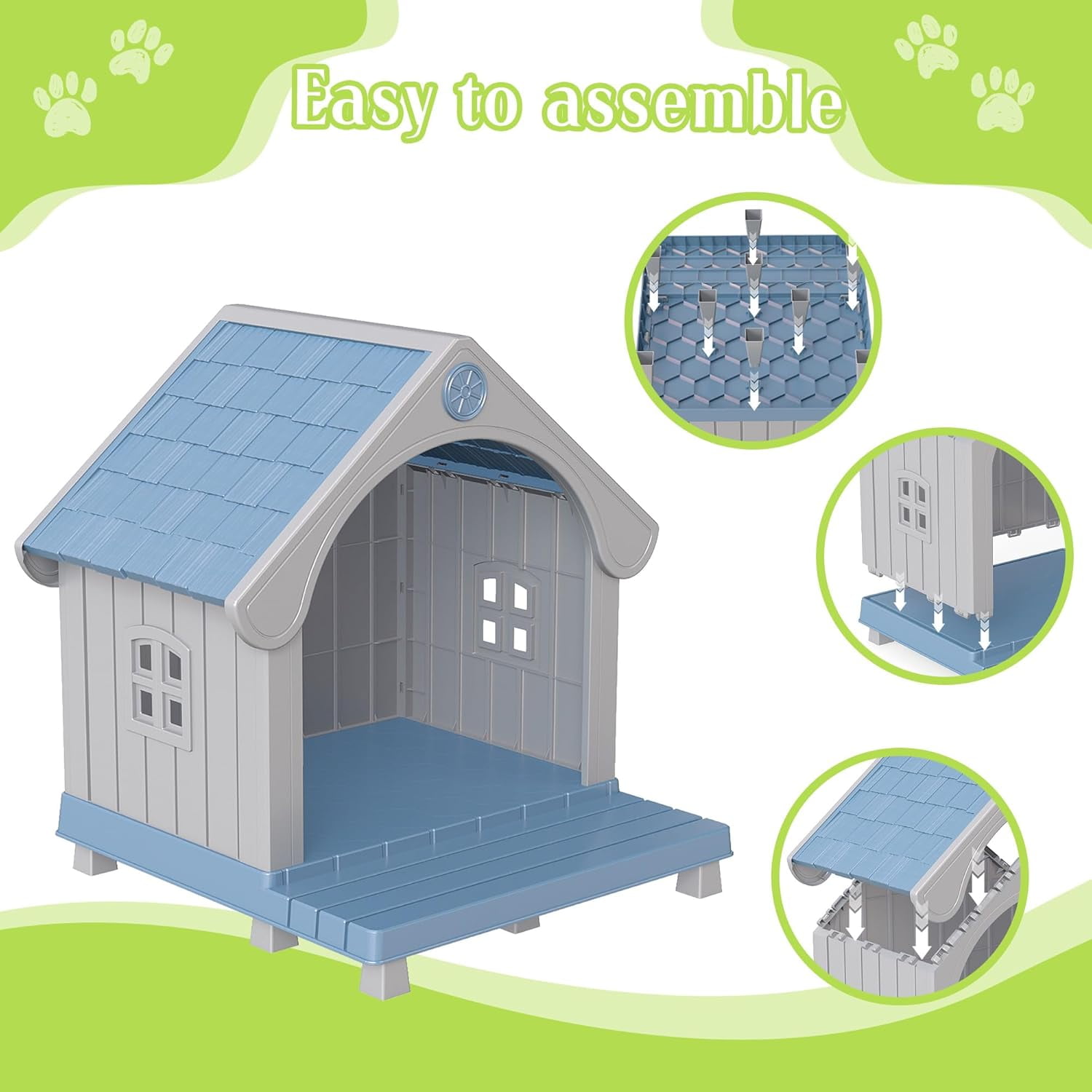 Outdoor Pet House with Elevated Platform, Weatherproof Plastic Pet Shelter for Medium Pets