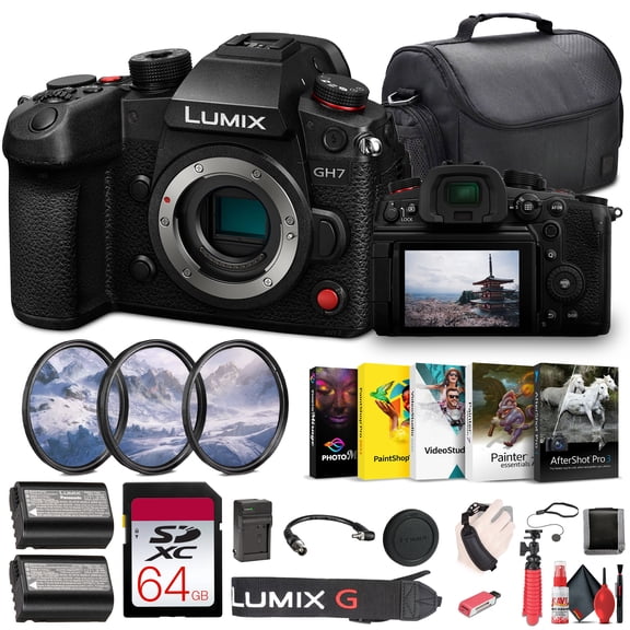 Panasonic Lumix GH7 Mirrorless Micro Four Thirds Camera (DC-GH7BODY)  64GB Memory Card   Bag   Photo Editing Software   DMW-BLK22 Battery   Card Reader   Charger   Flex Tripod   More