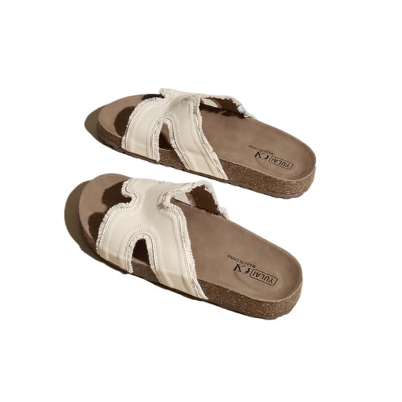 Women Cork Footbed Slide Sandals Double Strap Slip On Comfort Casual Summer Open Toe Flat Sandals
