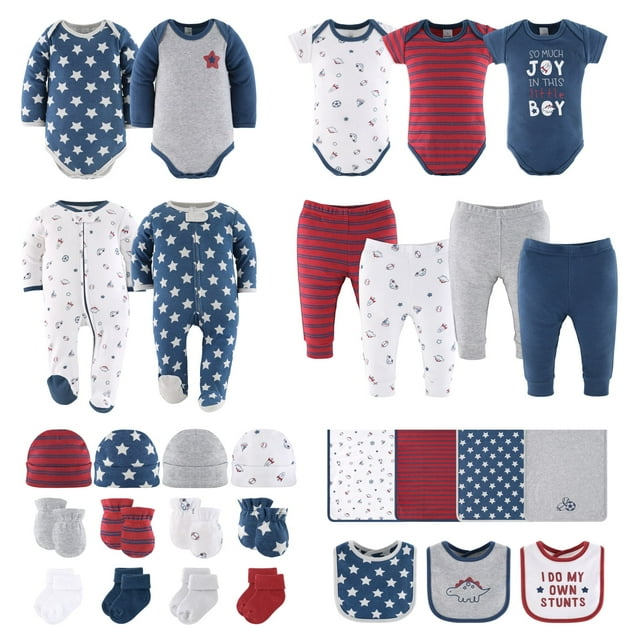 The Peanutshell Newborn Layette Gift Set for Baby Boys, Blue Red Boy Stuff, 30 Essential Pieces, 0-3 Months