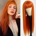 thumbnail image 5 of YSGFHGJW Human Hair Wig,Long Straight Wig With Bangs Hair Wig For Women Synthetic Natural Wig ,Various Colors Available,Daily Wear Party And Cosplay Soft Wig,Orange, 5 of 8