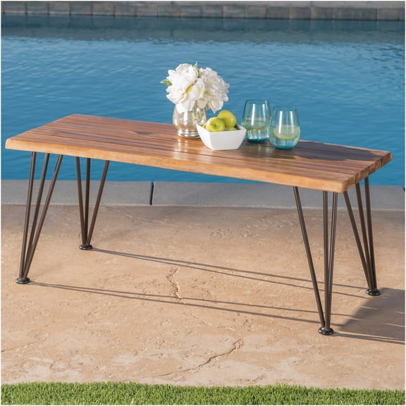 JERFIT 43 inch Industrial Coffee Table for Living Room Outdoor Patio, Teak Acacia Wood Top with Rustic Iron Metal Frame, Sturdy Farmhouse Side Table