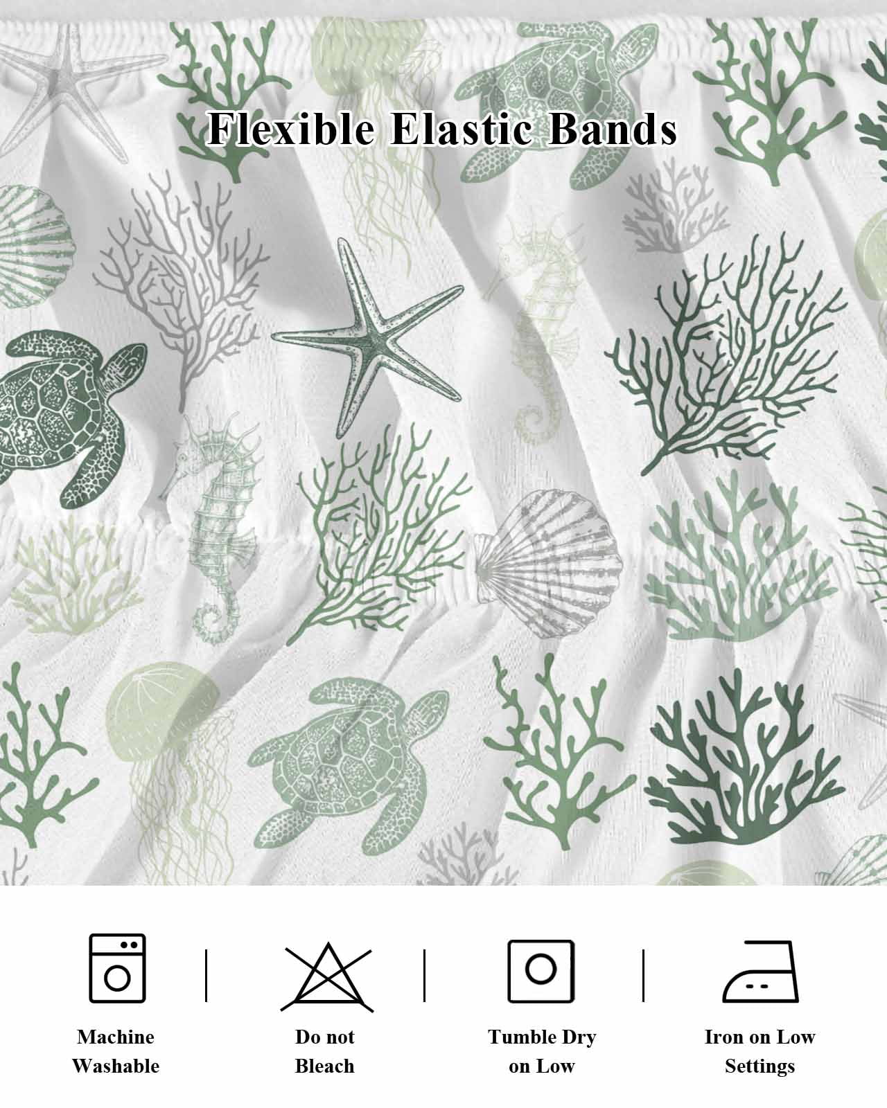 Sage Green Coastal Bed Skirt Queen Size, Nautical Summer Beach Coral Sea Turtle Wrap Around Bed Skirting with Adjustable Elastic Strap, Dust Ruffle Pleated Bedskirts 16 Inch Drop for Bedroom Beds