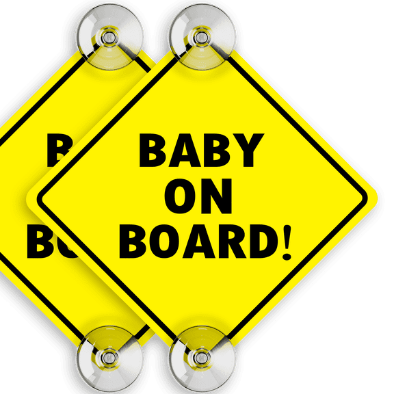 Assured Signs Baby on Board Car Sign with Suction Cups | 2 Pack | 5 x 5" | Yellow |