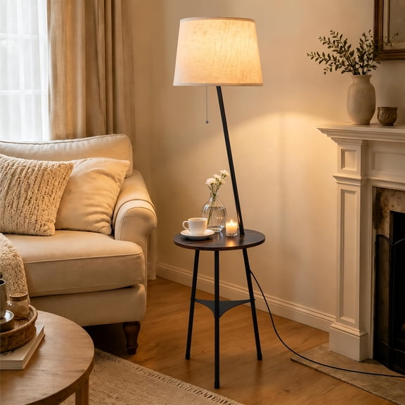 Coliware Floor Lamp with Table, 2-in-1 Standing Lamp with Narrow Side Coffee Table with 3 Color Temperatures, Rustic Farmhouse Wooden Read Lighting, Modern Décor