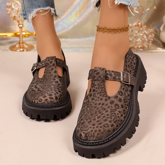 Women's Leopard Print Mary Jane Shoes Chunky Lug Sole Platform Adjustable Buckle Strap Vintage Casual Dress Shoes