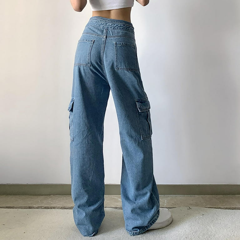 WANYNG jeans for women Fashion Aesthetics Vintage Cuffed V Shaped Waist  Pocket Panel Chic Harajuku Straight Denim Pants Cute Trousers pants for  women Blue B S 