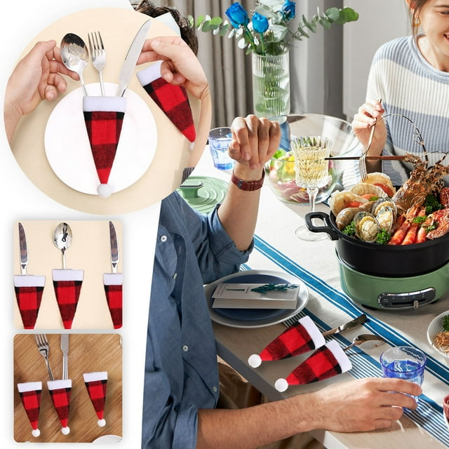 Mini set de sombrero navideño pack de 10 | Decoración de botella de vino de tela roja, un pequeño sombrero para vajilla, portautensilios, recuerdo para la fiesta | Adorno navideño festivo, 4,72 en