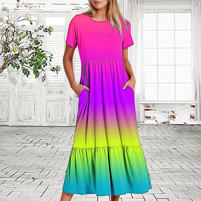FcBaudy Robe Mi-Mollet à Manches Courtes et Col Rond pour Femme, Été, Décontractée, Robe à Manches Courtes à Col Rond, Robe Longue Fluide à Étages de Plage avec Poches, Robe à Imprimé Dégradé, Robe pour Femme