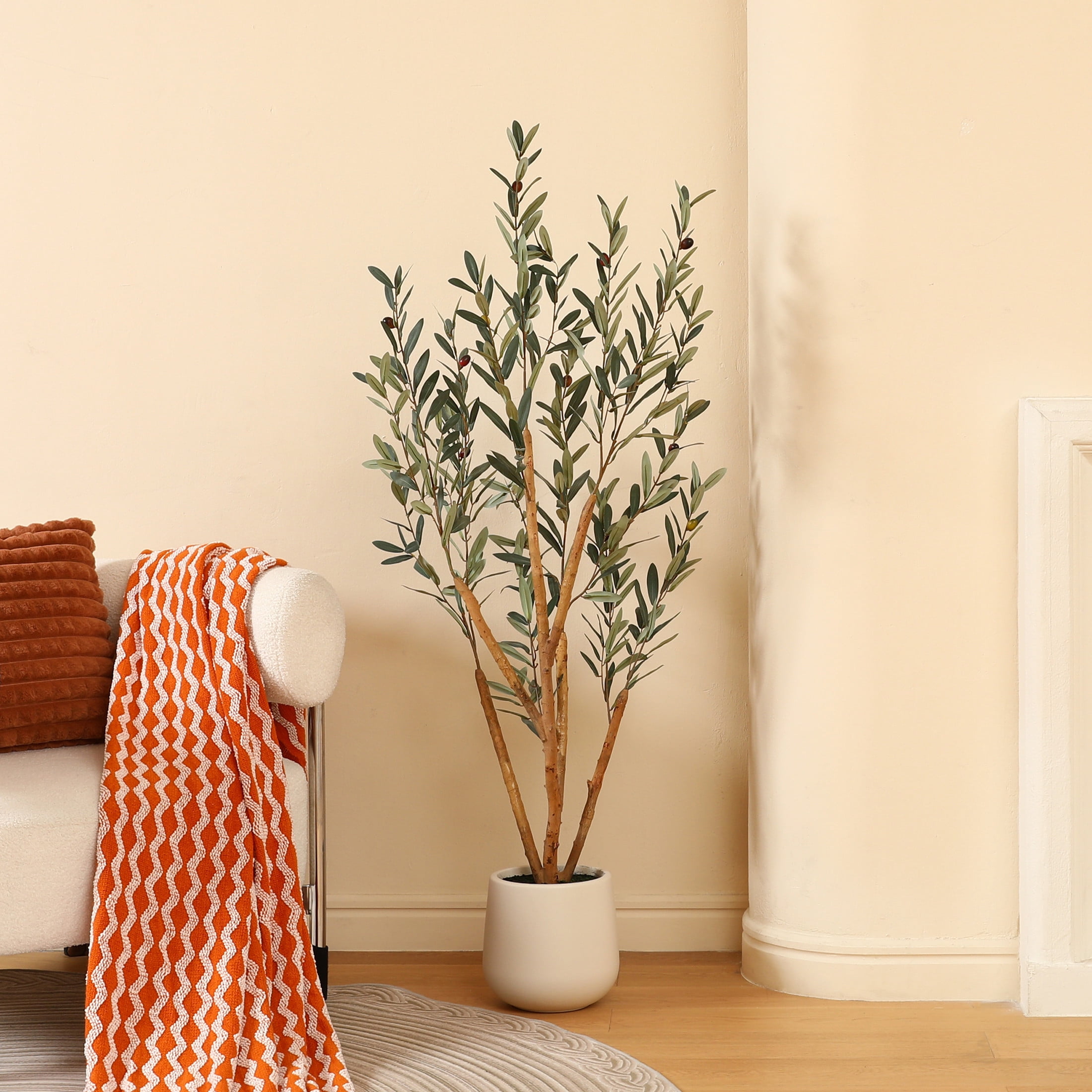 5ft Fake Olive Tree with Oval White Planter, Artificial Olive Plants with Realistic Leaves and Natural Trunk, Big Fake Plants for Home Decor