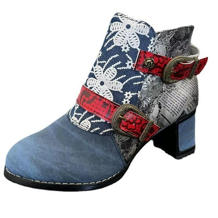 

Oalirro Vintage Women Zipper Boots with Belt Buckle Round Head Thick Heel Bootie