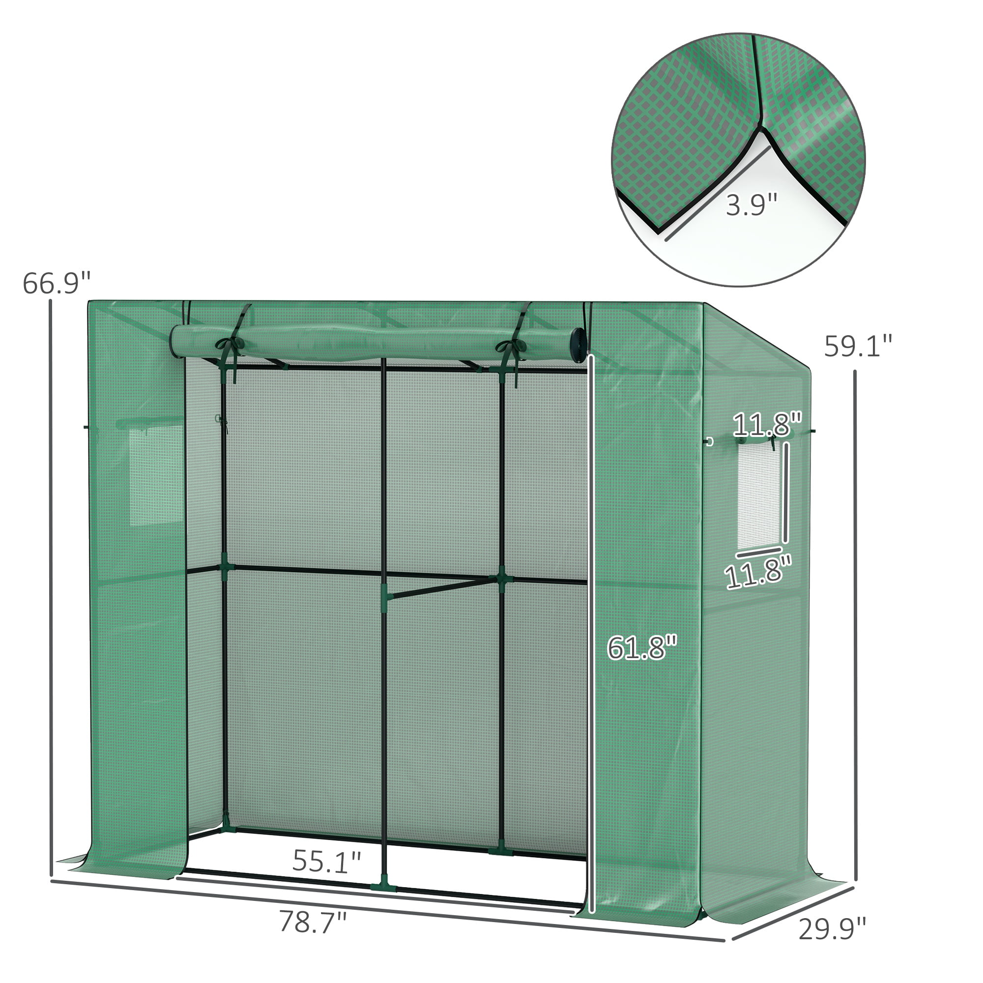 FASCK 6.6' x 2.5' x 5.6' Lean-to Small Greenhouse for Outdoors, Portable Greenhouse with UV-Resistant PE Cover, Walk-in Green House with Roll-up Door and Mesh Windows,Green