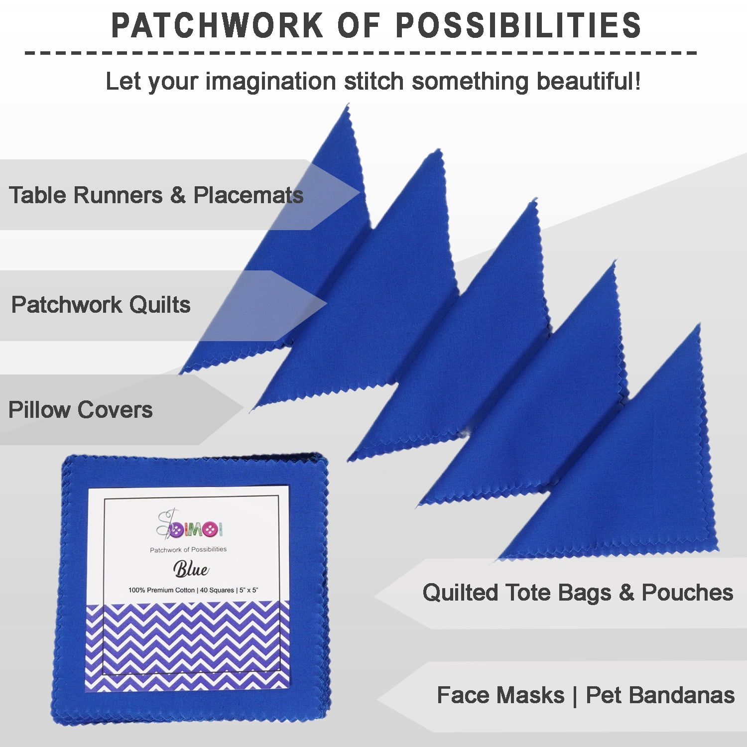 Soimoi 40 Pcs Solid Cotton Fabric Squares Bundles Charm Packs for Quilting, Fat Quarter Layer Cakes, Fabric Scraps for Crafts,Precuts Quilt Squares 10 X 10 inches, DIY Fabric Bundle - Blue