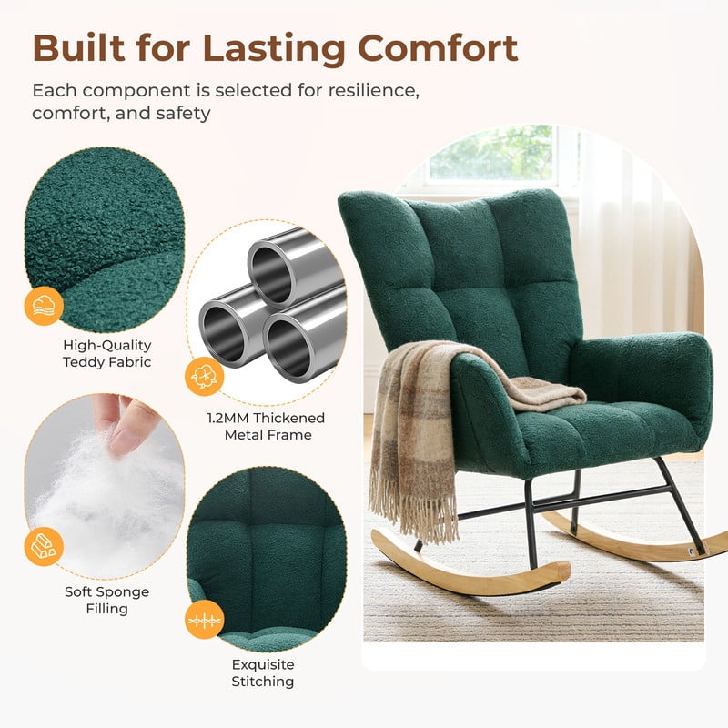 Gianna Rocking Chair with High Backrest, Teddy Upholstered Indoor Reading Glider Chair with Comfy Seat for Bedroom, Living Room, Green