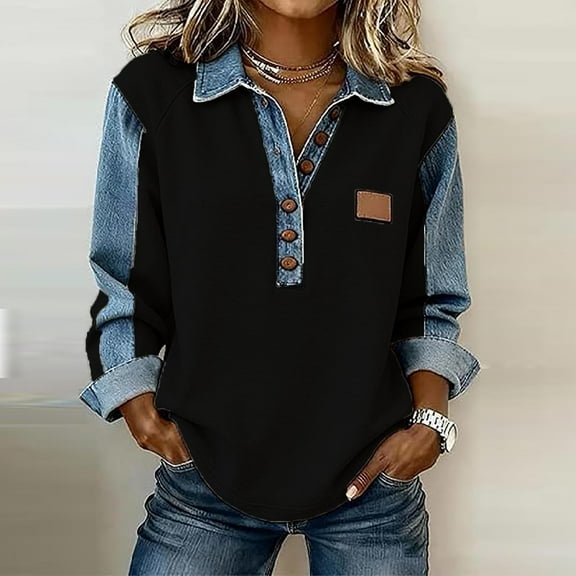 Plus Size Button Down Shirts for Women Women's Solid Color Casual Long Sleeved Lapel Button Denim Splicing Pullover Sweatshirt Tops