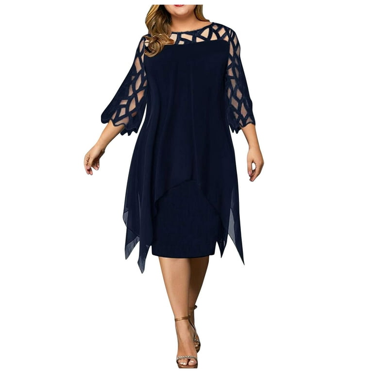 BEEYASO Clearance Summer Dresses for Women Knee Length A-Line 3/4 Sleeve  Fashion Scoop Neck Solid Dress Blue 3XL 