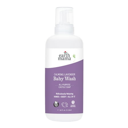 Earth Mama Calming Lavender Baby Wash, Castile Soap for Sensitive Skin, 34 fl oz