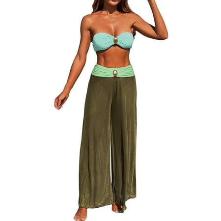 JIANJIA Womens Swimsuits Solid Color Strapless Brassiere With Thongs Long Mesh Pants Beach Swimsuit Three Piece Tankinis Swimwears Beachwear  Green M