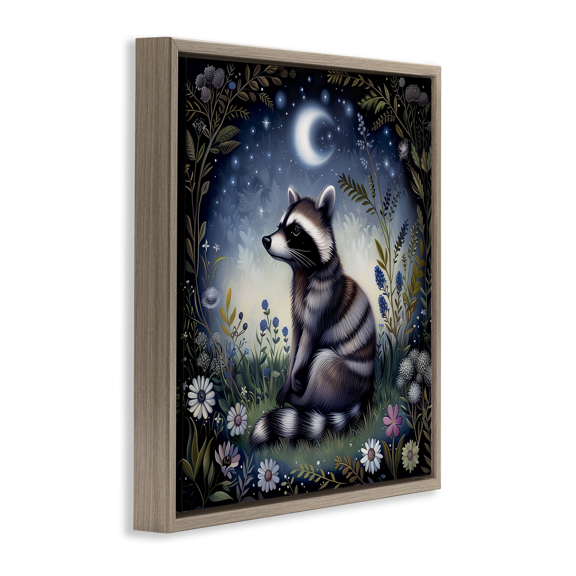 Stupell Industries Raccoon Under Night Forest Animals Painting Brown Floater Framed Canvas Art Print Wall Art, 18 x 18