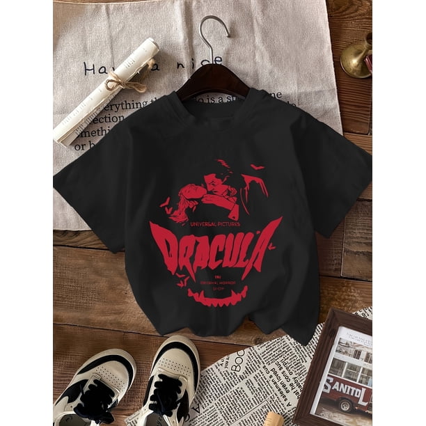 Women's Halloween Dracula Graphic T-Shirt - Black with Red Print, Short Sleeve Round Neck Casual Top, Summer & Spring Tee for Costume Parties & Casual attire, Bold Graphic Tee, Denim Print Sh