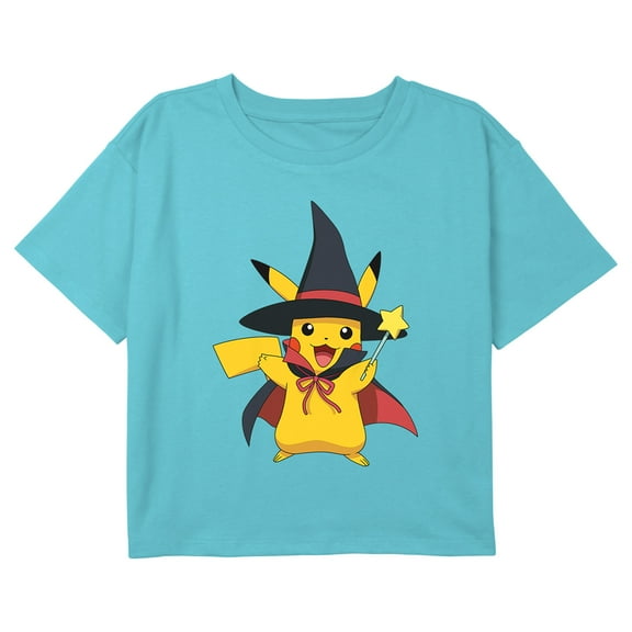 Girl's Pokemon Halloween Pikachu Magic Wand Graphic Cropped T-Shirt Blue X Large