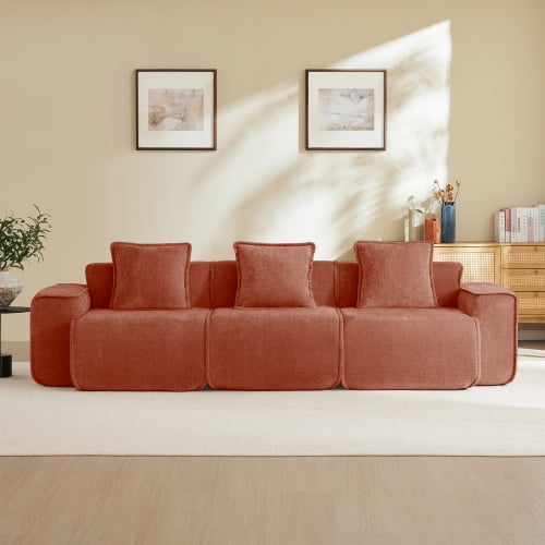 Modular Sectional Sofa 3-Seat, Velvet Fabric Cloud Couch with Throw Pillows, No Assembly Required Boneless Sofa, Streamlined Modern Design, Red