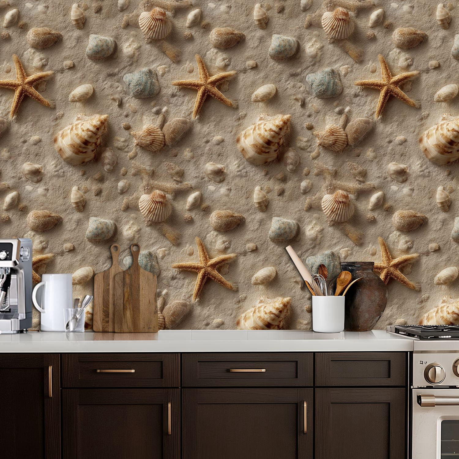 Peel and Stick Wallpaper Seashells Starfish Sandy Beach Surface coastal Wall Mural 17.7in x 9.8ft Self Adhesive Removable Wall Paper Renter Friendly Wallpaper for Bedroom Livingroom Office Studio