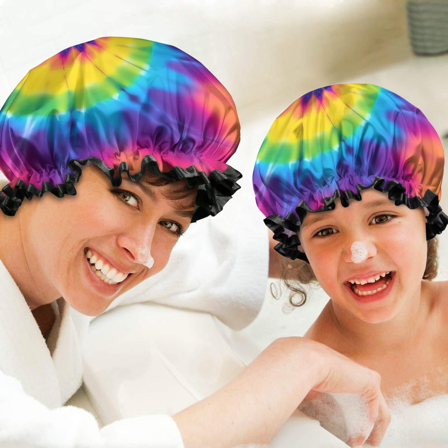 Shower Caps,Rainbow Tie Dye Mandala Pattern Waterproof Shower Cap for Women 4 Pieces,Double Reusable Hair Cover for Shower PEVA Elastic Stretch Hem