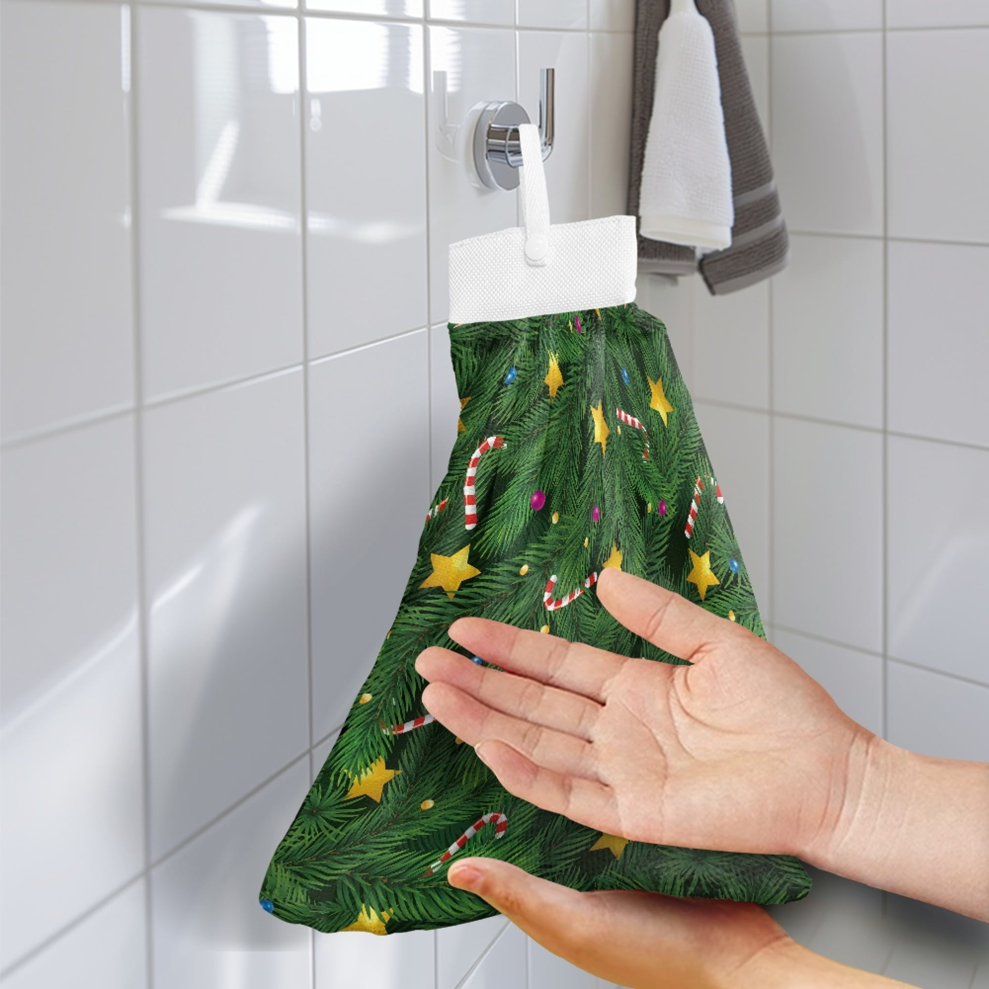 SEANATIVE Christmas Hand Towels for Bathroom Set of 2 Candy Canes Hand Towels for Kitchen Home Decoration Green Fast Drying Hang Towel with Hanging Loops Buttons Farmhouse Xmas Decor