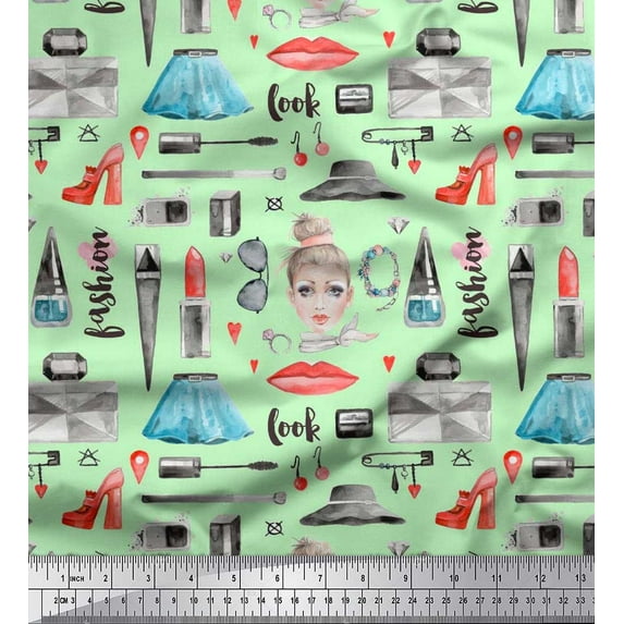 Soimoi Satin Silk Fabric Lipstick,Perfume Bottle & Dress Fashion Print Fabric by The Yard 42 Inch Wide