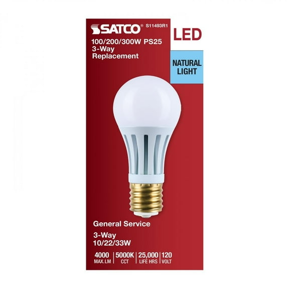 SATCO S11493R1 LED Three-Way Lamp, 10/22/33W, Mogul Base, 5000K, White Finish (1 Pack)