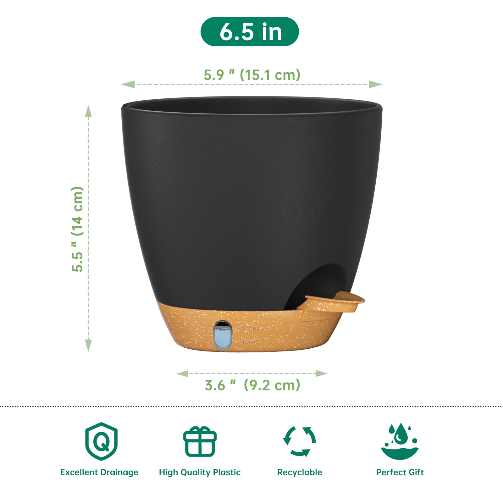 FIASON 5 Pack 6 Inch Self Watering Plant Pots, Black with Brown Planters with Watering Lip, Drainage Holes & Removable Saucer, Small Flower Pots for Indoor Outdoor Garden House Plants