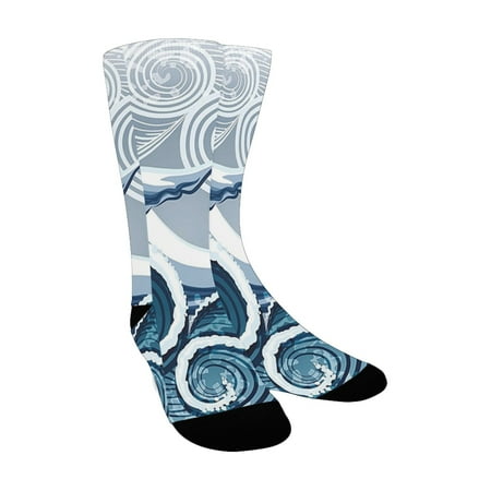 

Whale Jumping Whale against Stormy Wavy Spirals Seascape Drawn in Vintage Print Teal Light Blue Whit Custom Socks for Women