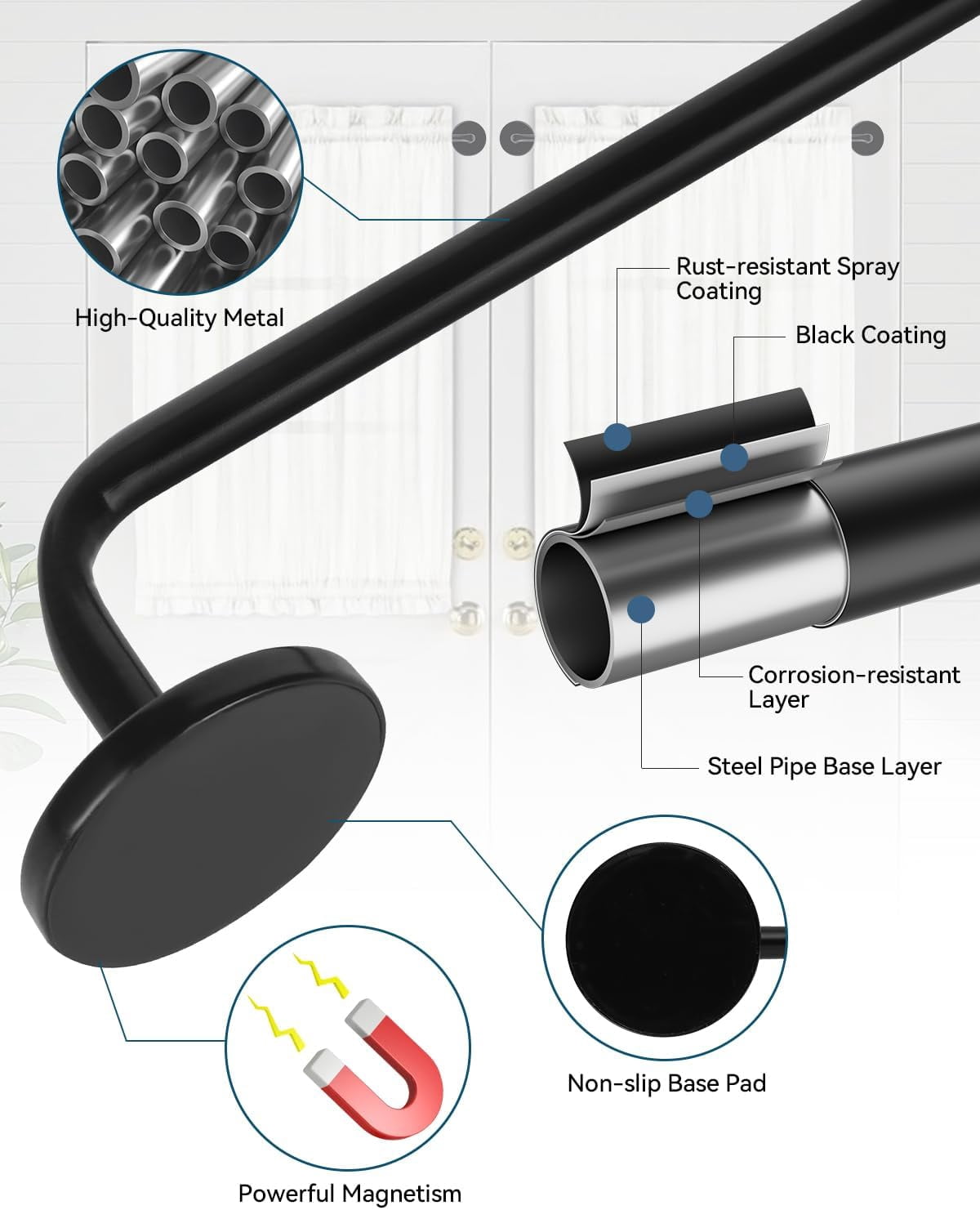 WarmHaven 2 Pack Magnetic Curtain Rod for Metal Doors, French Door Curtain Rods Adjustable from 17 to 30 Inch, 3/8 Inch Diameter, Magnetic Cafe Curtains Rod, No Tool and Easy Installation, Black