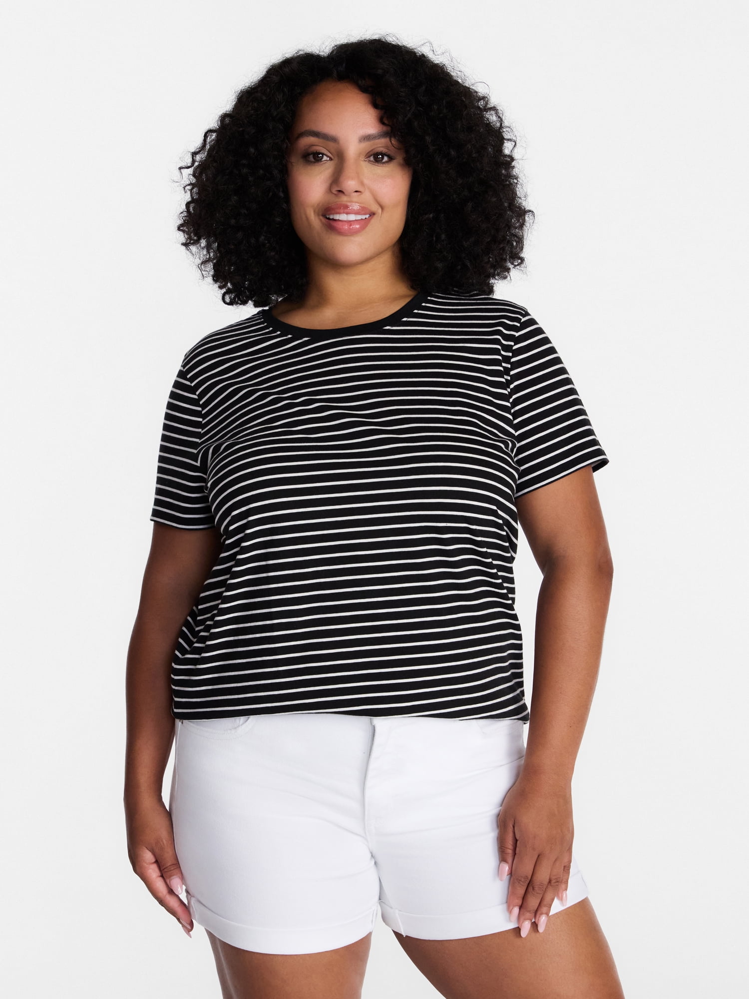 Time and Tru Women's Cotton Crewneck Tee with Short Sleeves, Sizes XS-XXXL