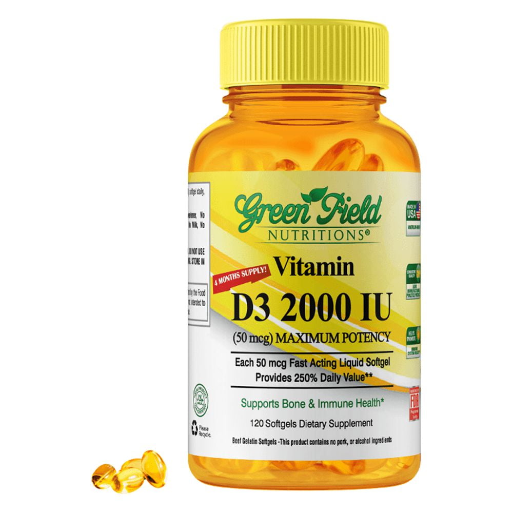 Greenfield Nutritions - Halal Vitamin D3 2000 IU - Immunity and Bone Supports - 120 Softgels - Halal Beef Gelatin