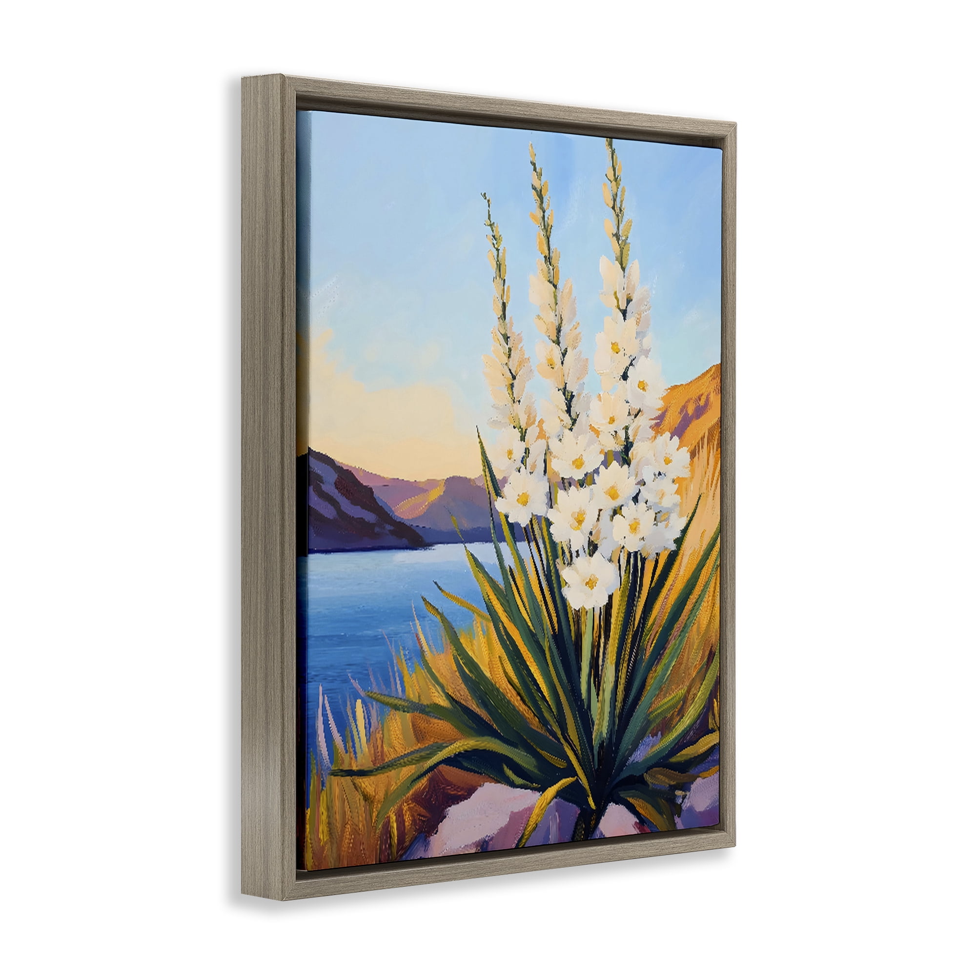Stupell Industries Yucca in Bloom By The Lake Brown Framed Floater Canvas Wall Art, design by The Prints Vibe