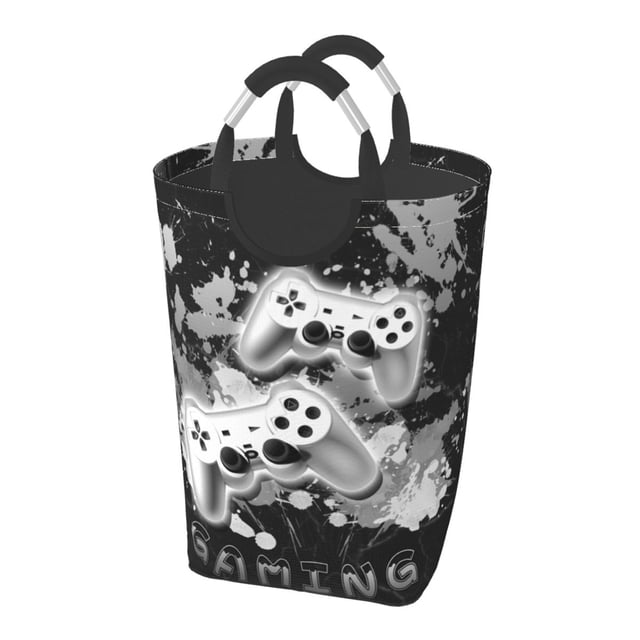 DouZhe 50L Rectangular Laundry Basket, Retro Splash Ink Gamepad Prints Waterproof Foldable Laundry Hamper with Aluminum Handles