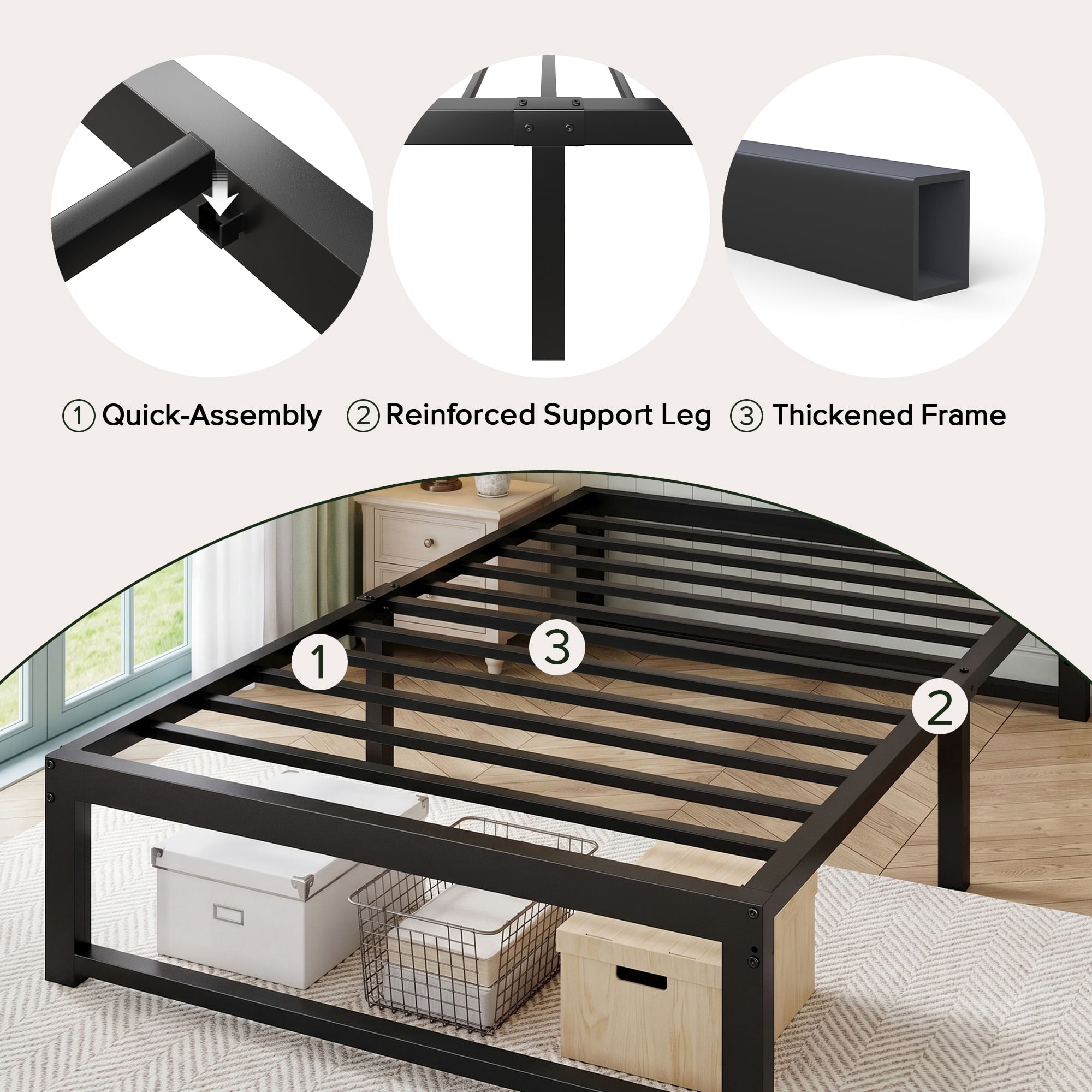 Einfach 14" Twin Bed Frame, Metal Platform Bed with Ample Under-Bed Storage Space, Upgraded Frame Structure, 3500 LBS Capacity, Black