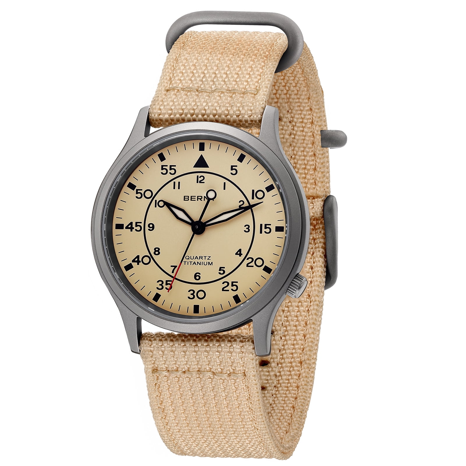 BERNY Titanium Watches for Men, Sport Military Men Watch with Canvas Strap, Japanese Quartz Movement, Super Luminous, Fashion Men's Field Watch, Casual 5ATM Waterproof Army Wristwatch, Beige