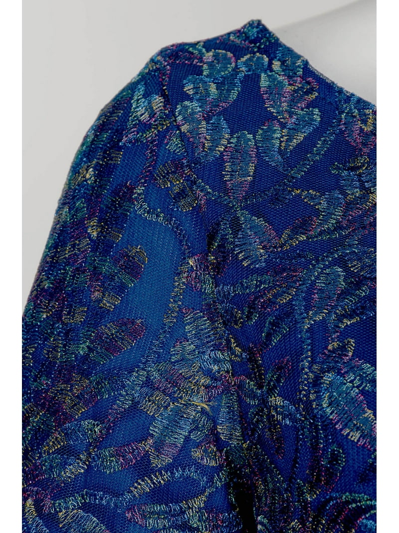 JS Collections Boat Neck Short Sleeve Embroidered Zipper Back Soutache  Cocktail Embroidered Mesh Dress-BLUE MULTI / 14