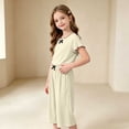 thumbnail image 5 of WRKEKC Girls 2 piece Outfits Solid Scalloped Bow Short Sleeve Round Neck Top and Wide Leg Long Pants Set for 0-11 Years, 5 of 9