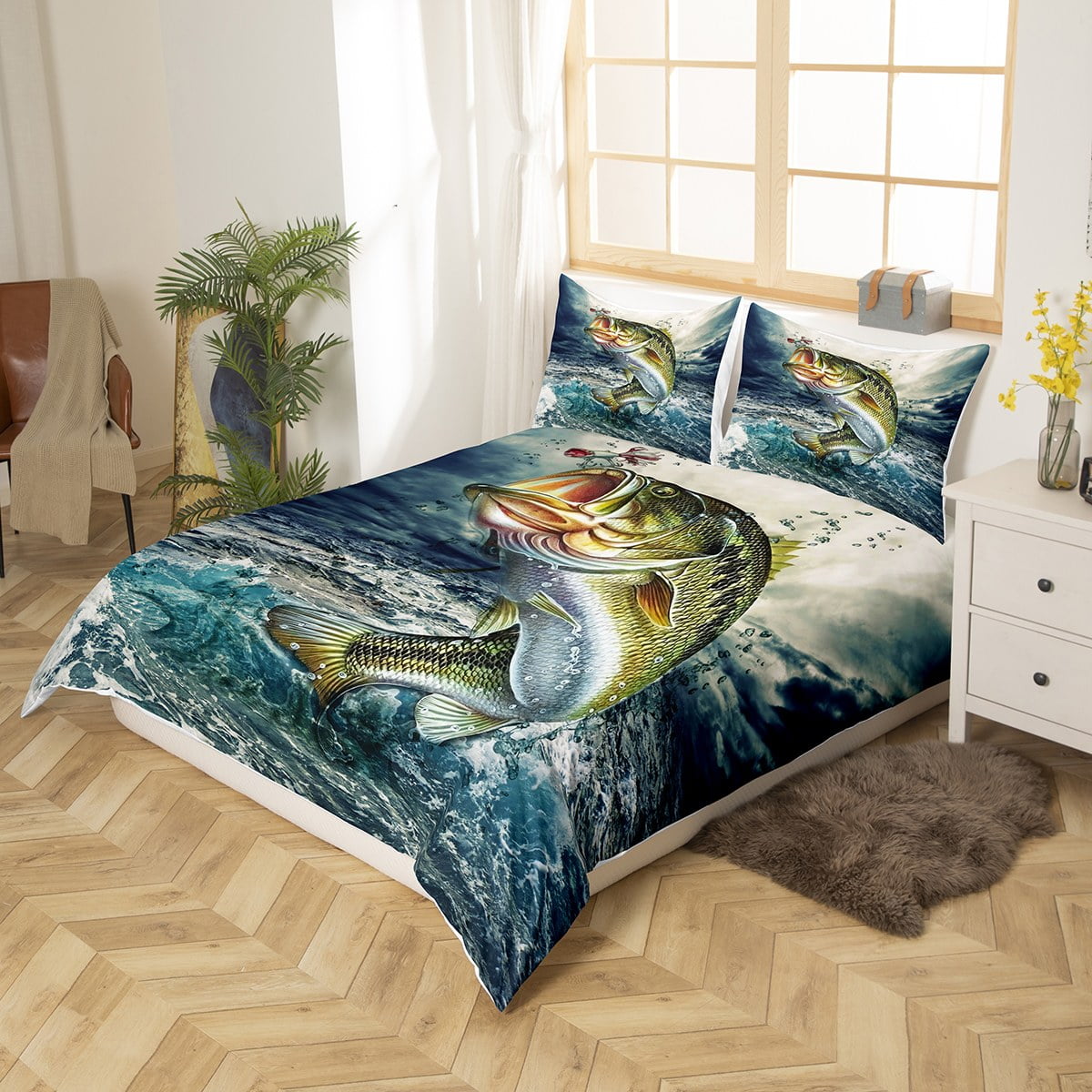  AILONEN Big Pike Fishing Comforter Set Queen Size, Hunting and  Fishing Bedding Set for Boys Teen,Bass Fish Duvet Set,3 Pieces,1 Quilt and  2 Pillowcases,Soft Microfibre : Home & Kitchen