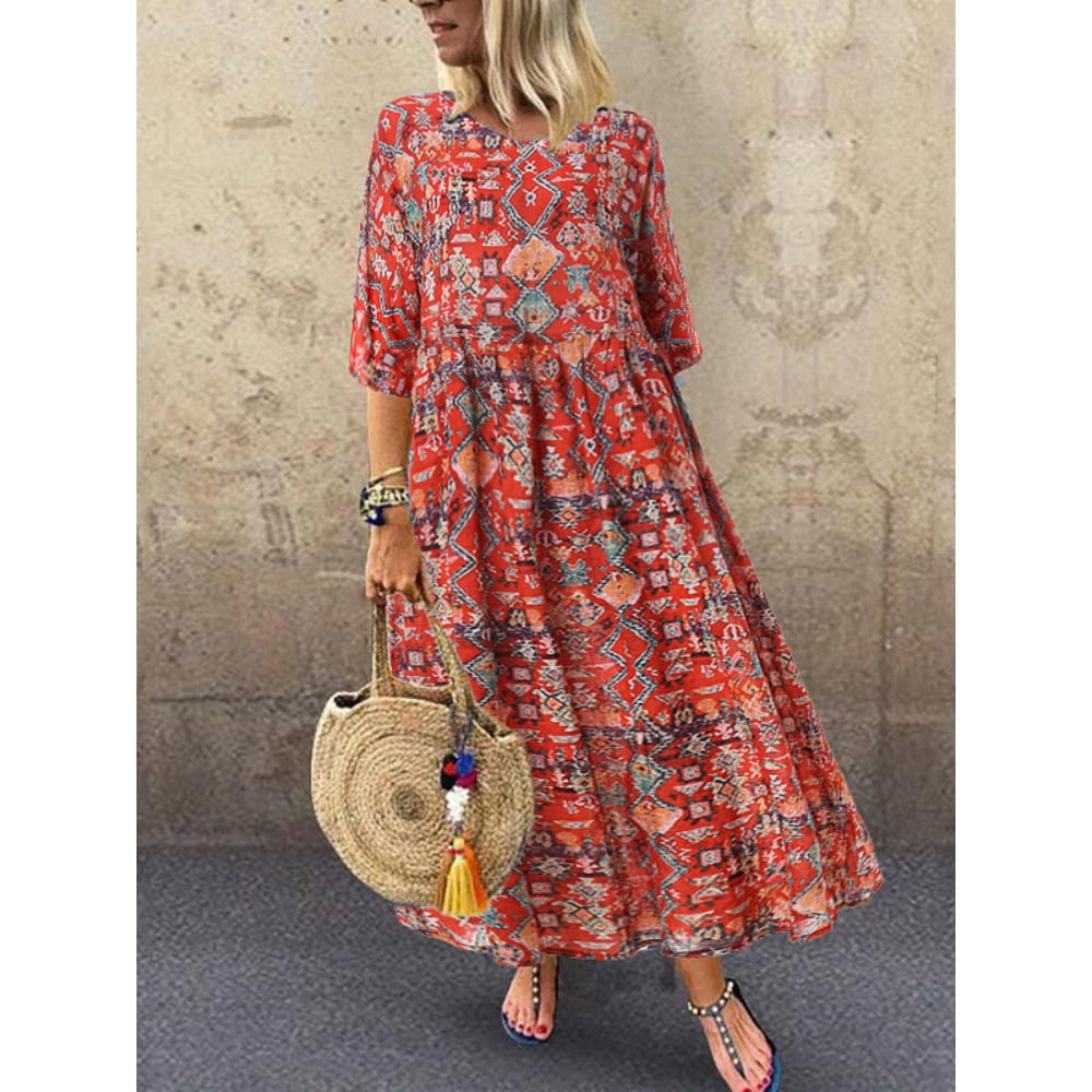 ZANZEA ZANZEA Women Round Neck 3/4 Sleeve Floral Print Long Dress